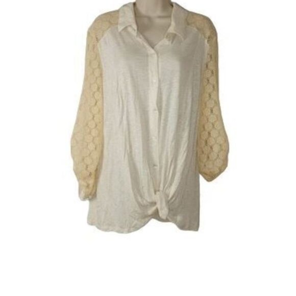 Dots Cream Crochet Button Front Tie Hem Shirt - Picture 1 of 3